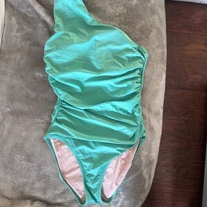 J crew one shoulder minty green bathing suit one piece